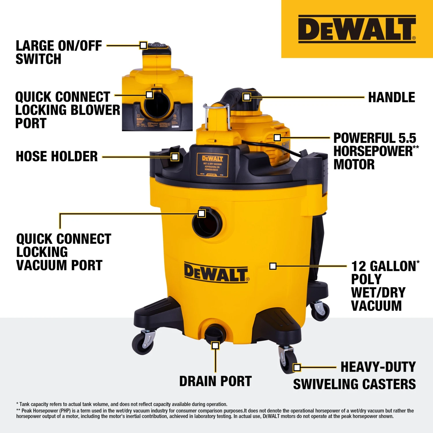 DEWALT Detachable Blower 12-Gallon 5.5 HP Corded Wet/Dry Shop Vacuum With Accessories Included 4 DEWALT Detachable Blower 12-Gallon 5.5 HP Corded Wet/Dry Shop Vacuum With Accessories Included - Image 4