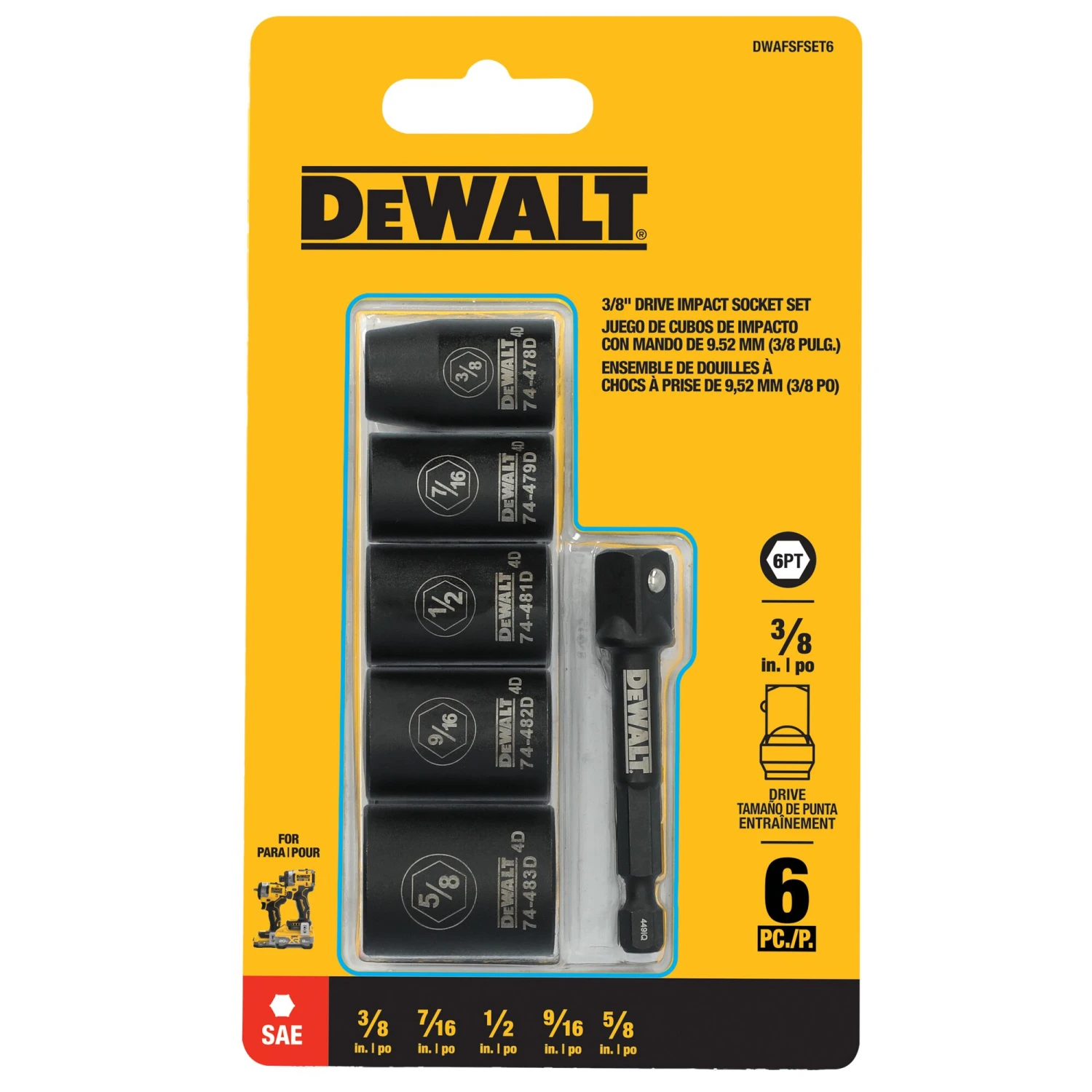 DEWALT 6 -Piece Standard (SAE) 3/8-in Drive Set 6-point Impact Socket Set 2 DEWALT 6 -Piece Standard (SAE) 3/8-in Drive Set 6-point Impact Socket Set - Image 2