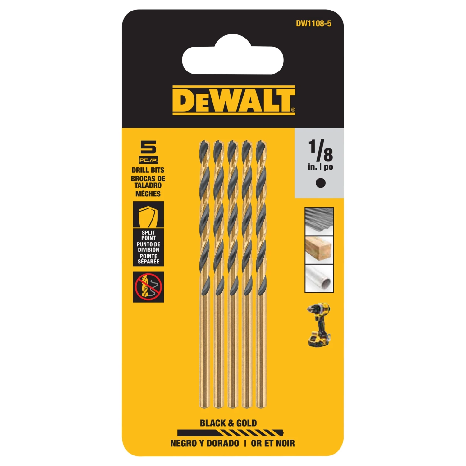 DEWALT BLACK GOLD 5 -Piece 1/8-in X 2-4/5-in Black And Gold Coated HSS Jobber Length Twist Drill Bit Set 1 DEWALT BLACK GOLD 5 -Piece 1/8-in X 2-4/5-in Black And Gold Coated HSS Jobber Length Twist Drill Bit Set